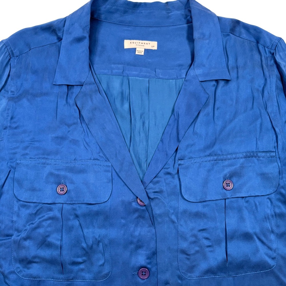 Equipment Women Small Blue Button Up Shirt Short Sleeve Quiet Luxury Office Chic